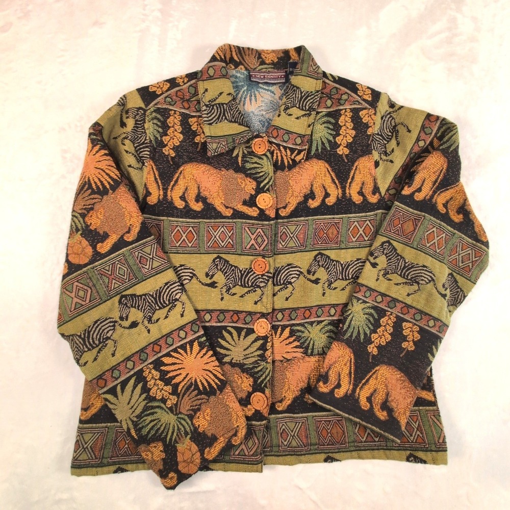 New Identity Vintage Tapestry Jacket Safari Lion Zebra Green Cotton Blend Medium - Picture 6 of 14